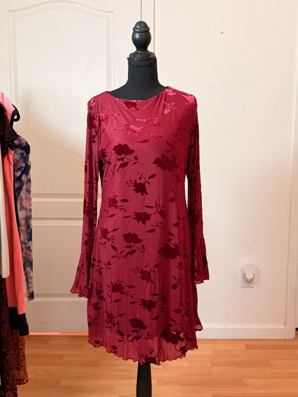 BTFBM Burgundy Velvet Burnout Floral Mini Dress Size Large Bell Sleeve NWT
